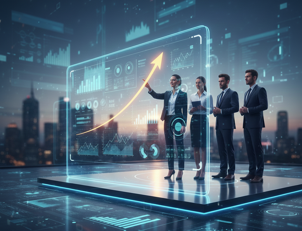 Research team reviewing interactive data dashboards with a rising performance trend